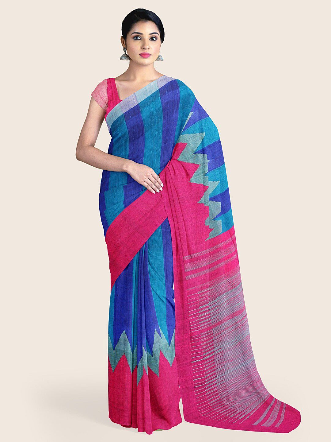 Pothys Blue & Pink Striped Jute Silk Saree Price in India