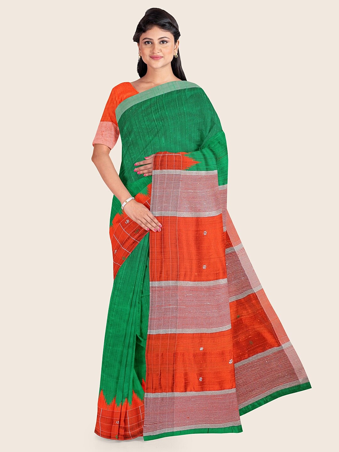 Pothys Green & Red Woven Design Zari Jute Silk Saree Price in India