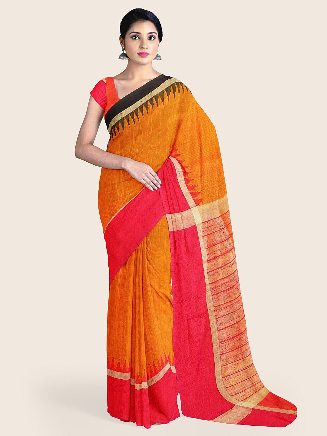 Pothys Mustard & Red Woven Design Jute Silk Saree Price in India