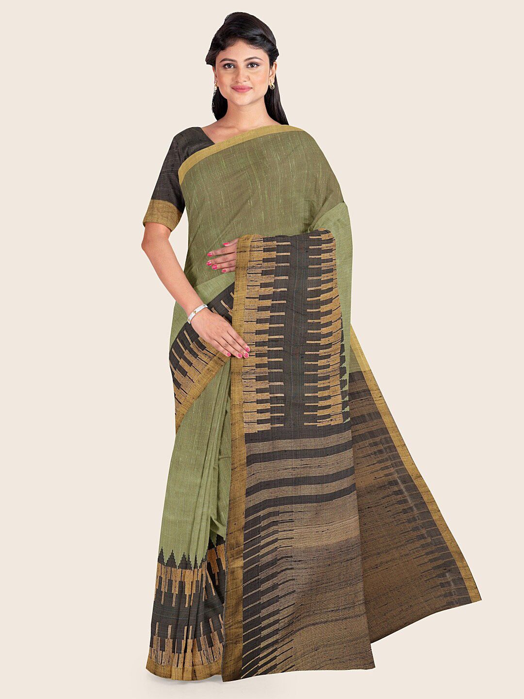 Pothys Green & Charcoal Zari Jute Silk Saree Price in India