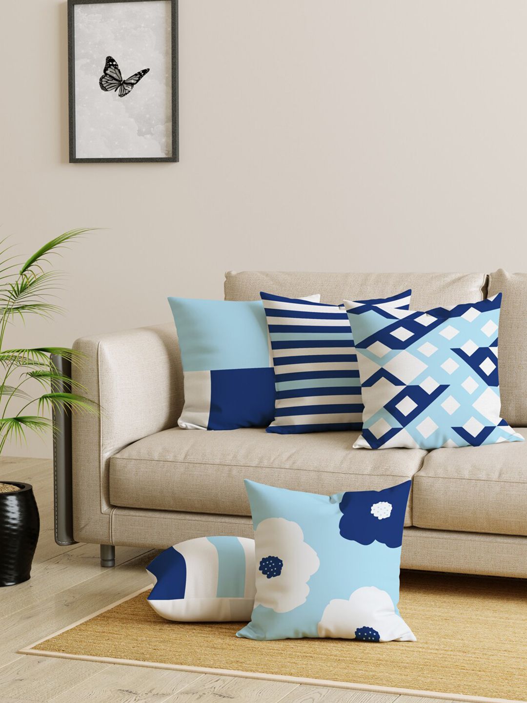EverHOME Blue & White Set of 5 Geometric Square Cushion Covers Price in India