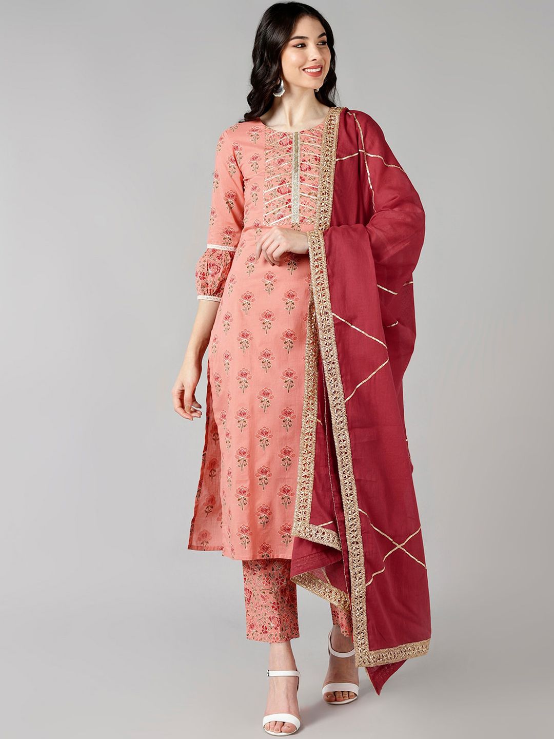 AHIKA Women Peach-Coloured Ethnic Motifs Printed Gotta Patti Pure Cotton Kurta with Trousers & With Dupatta Price in India