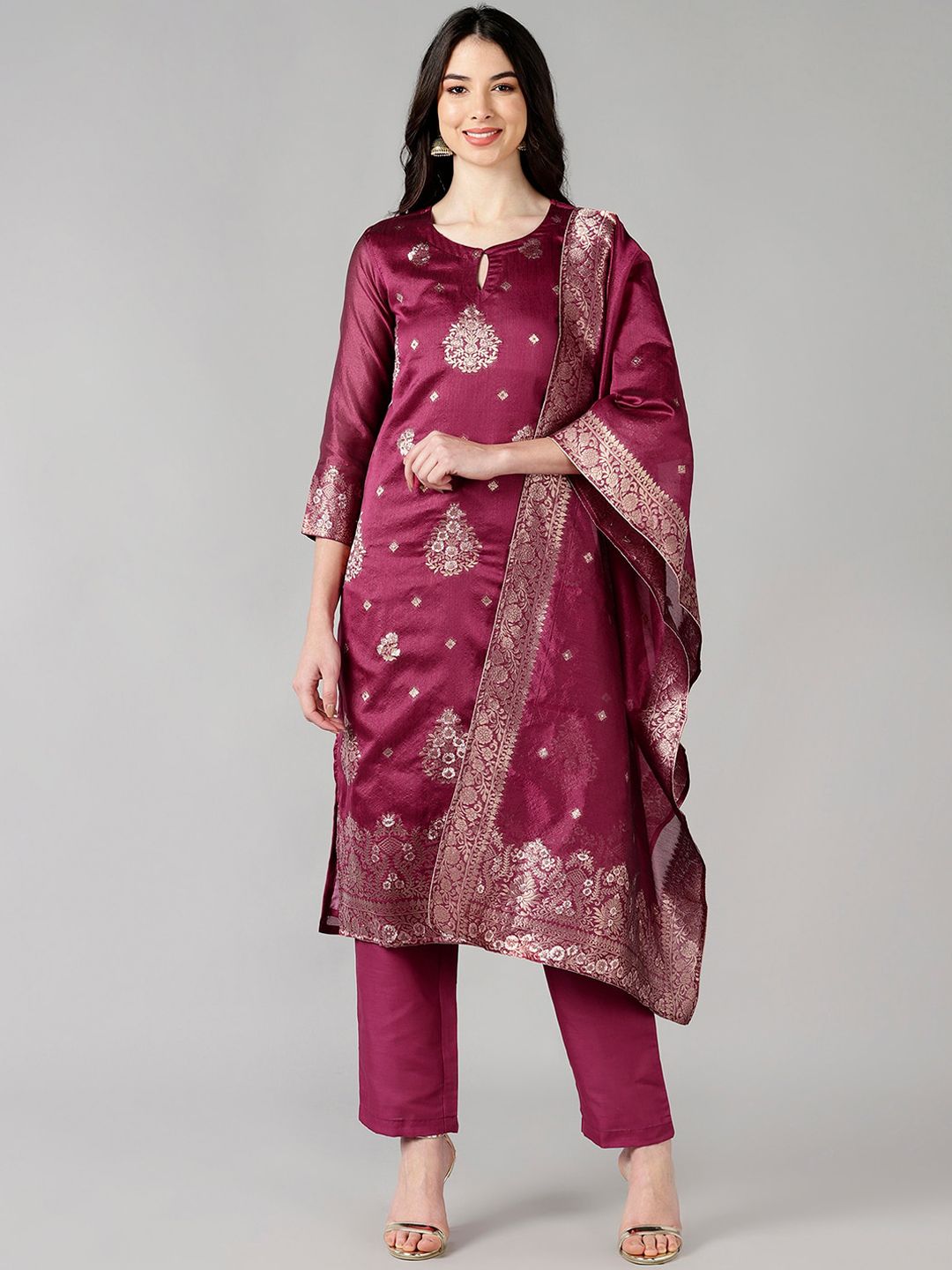 AHIKA Women Maroon Ethnic Motifs Embroidered Kurta with Trousers & With Dupatta Price in India