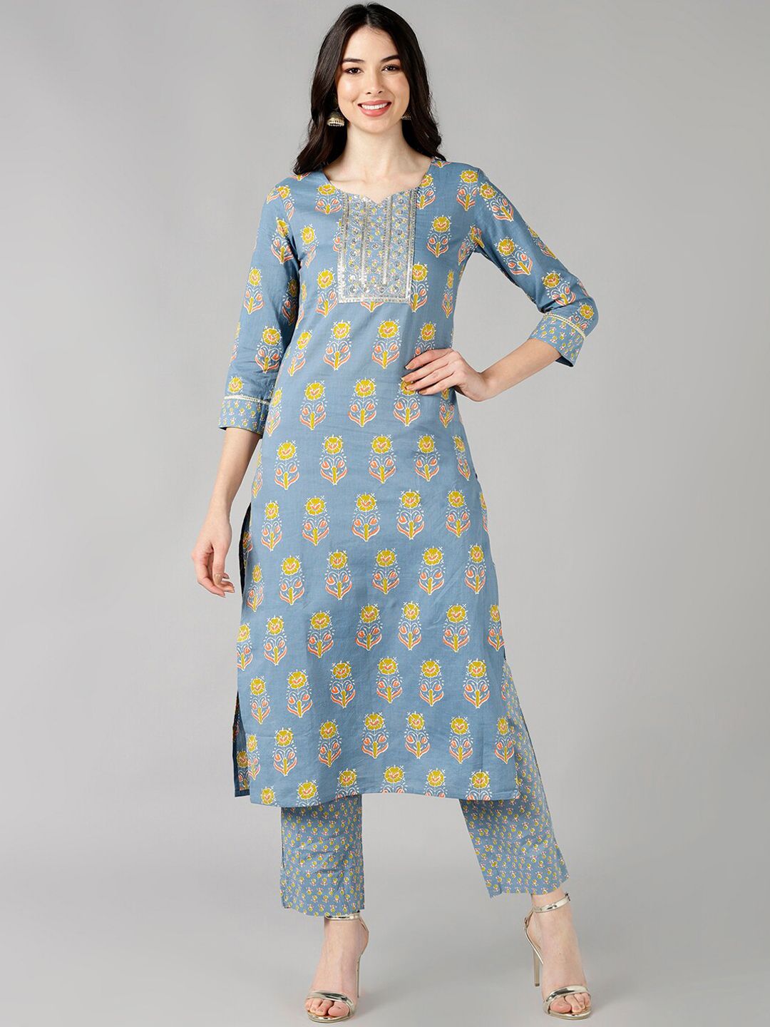 AHIKA Women Grey Ethnic Motifs Printed Pure Cotton Kurti with Trousers Price in India