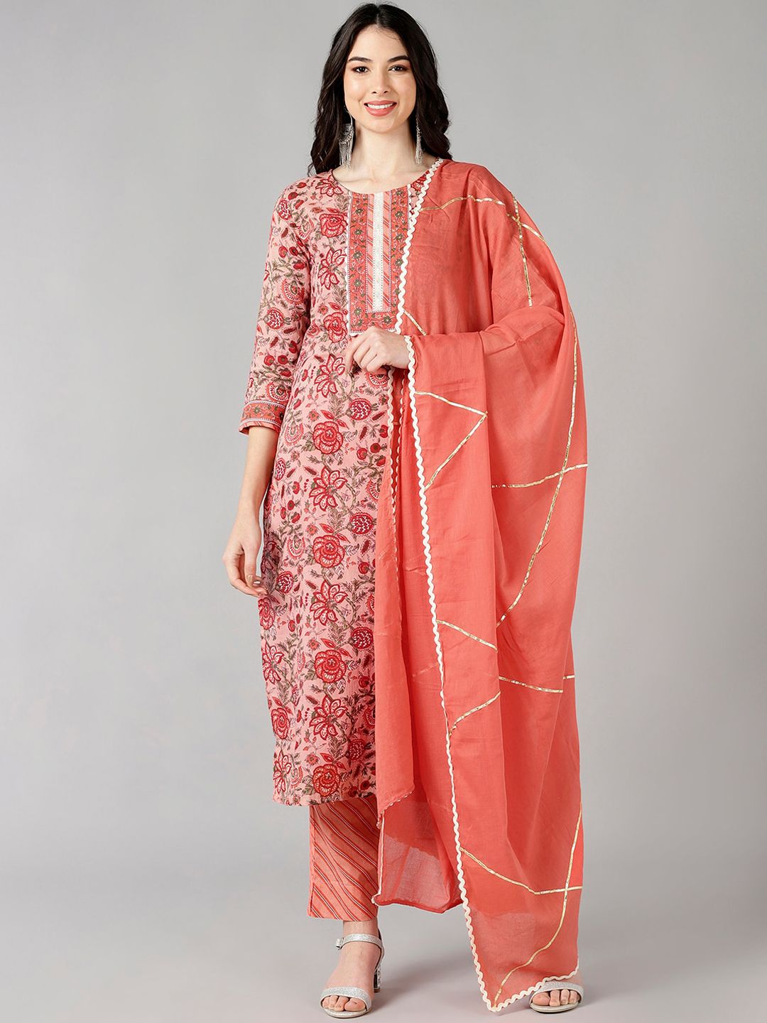 AHIKA Women Peach-Coloured Floral Printed Gotta Patti Pure Cotton Kurti with Trousers & With Dupatta Price in India