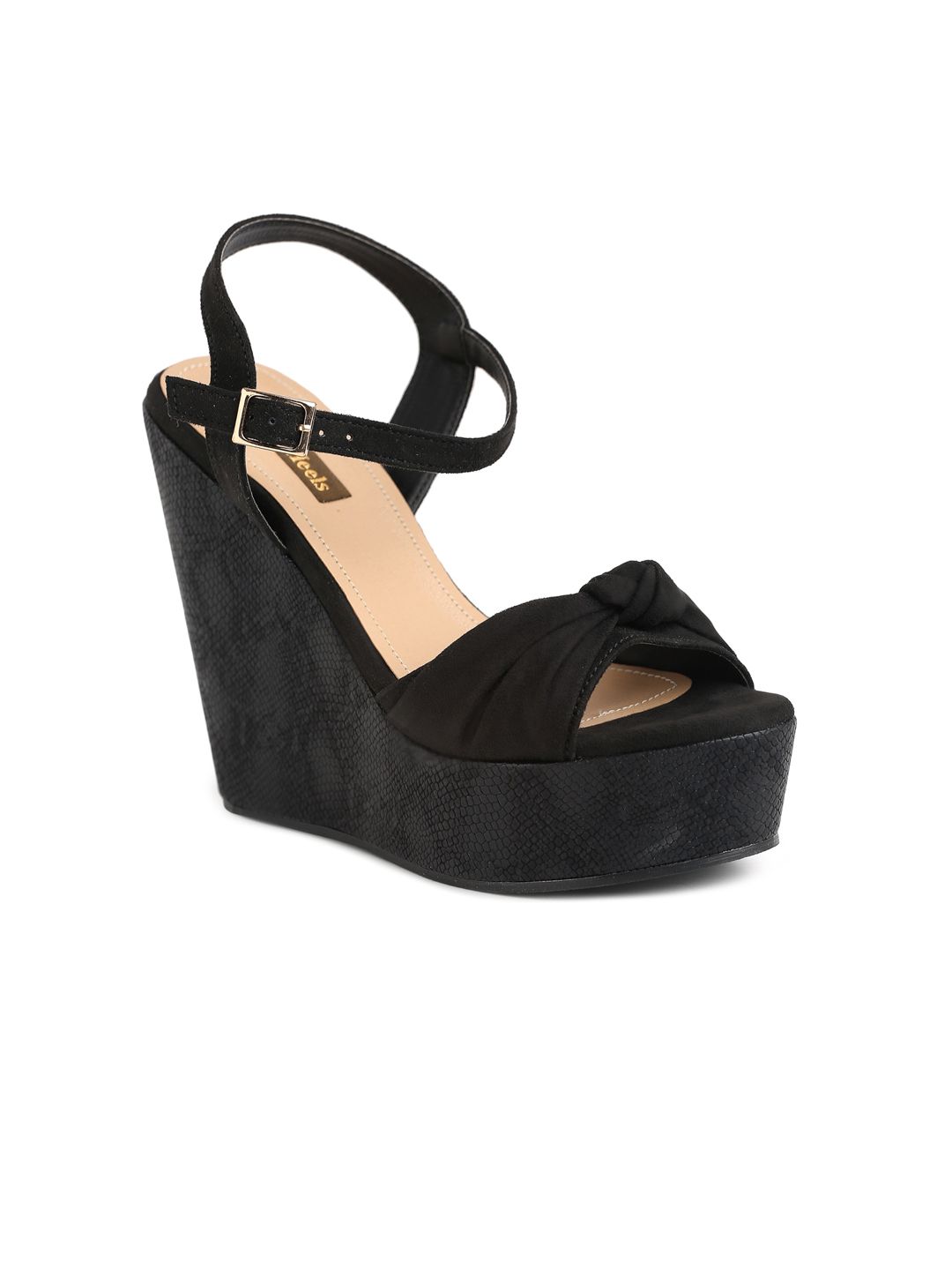 Flat n Heels Black Suede Wedge Sandals With Ankle Loop & Bow Detail Price in India