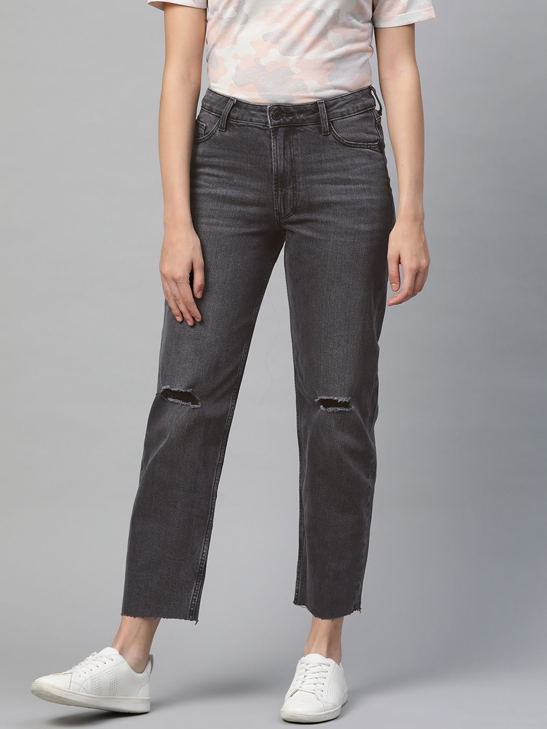 Marks & Spencer Women Charcoal Grey Boyfriend Fit Slash Knee Stretchable Jeans Price in India