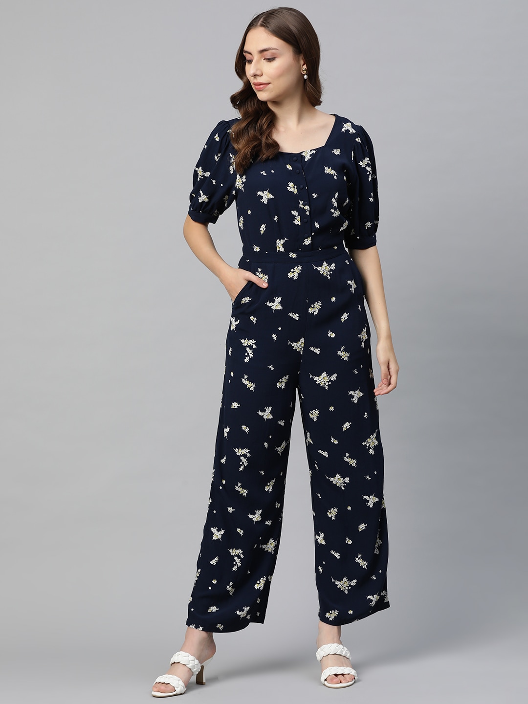 Marks & Spencer Navy Blue & White Printed Basic Jumpsuit Price in India