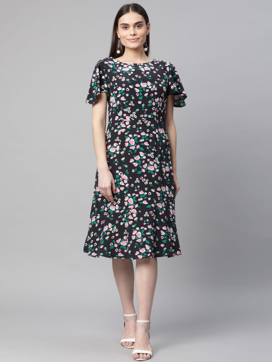 Marks & Spencer Women Black & Pink Floral Print A-Line Midi Dress Price in India