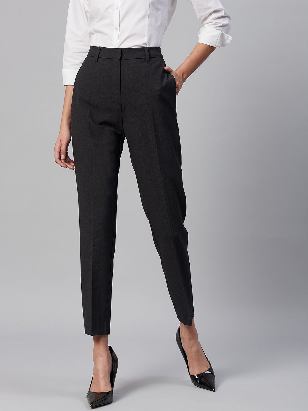 Marks & Spencer Women Charcoal Grey Slim Fit Trousers Price in India
