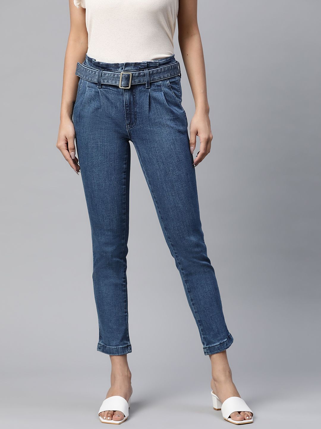 Marks & Spencer Women Navy Blue Slim Fit Stretchable Jeans with Belt Price in India