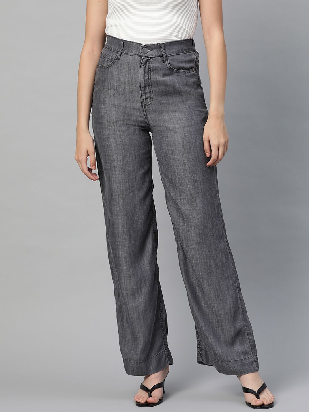 Marks & Spencer Women Charcoal Grey Solid Trousers Price in India