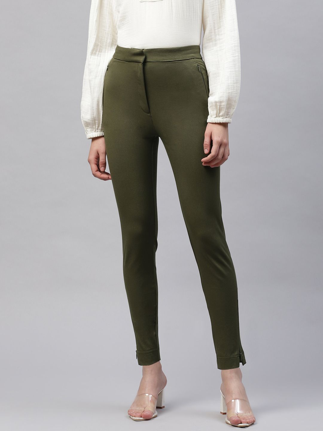 Marks & Spencer Women Olive Green Skinny Fit Trousers Price in India