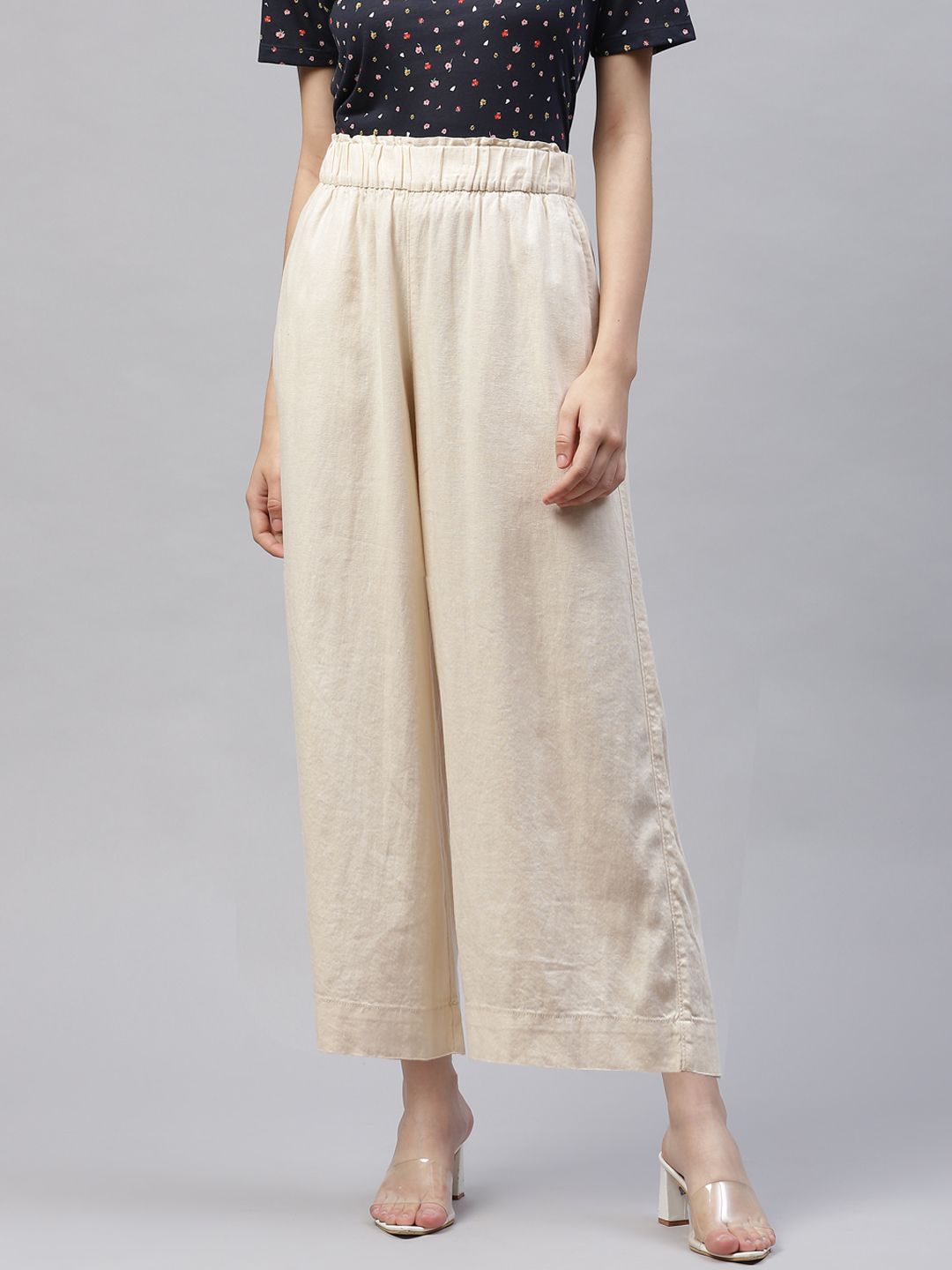 Marks & Spencer Women Cream-Coloured Solid Trousers Price in India