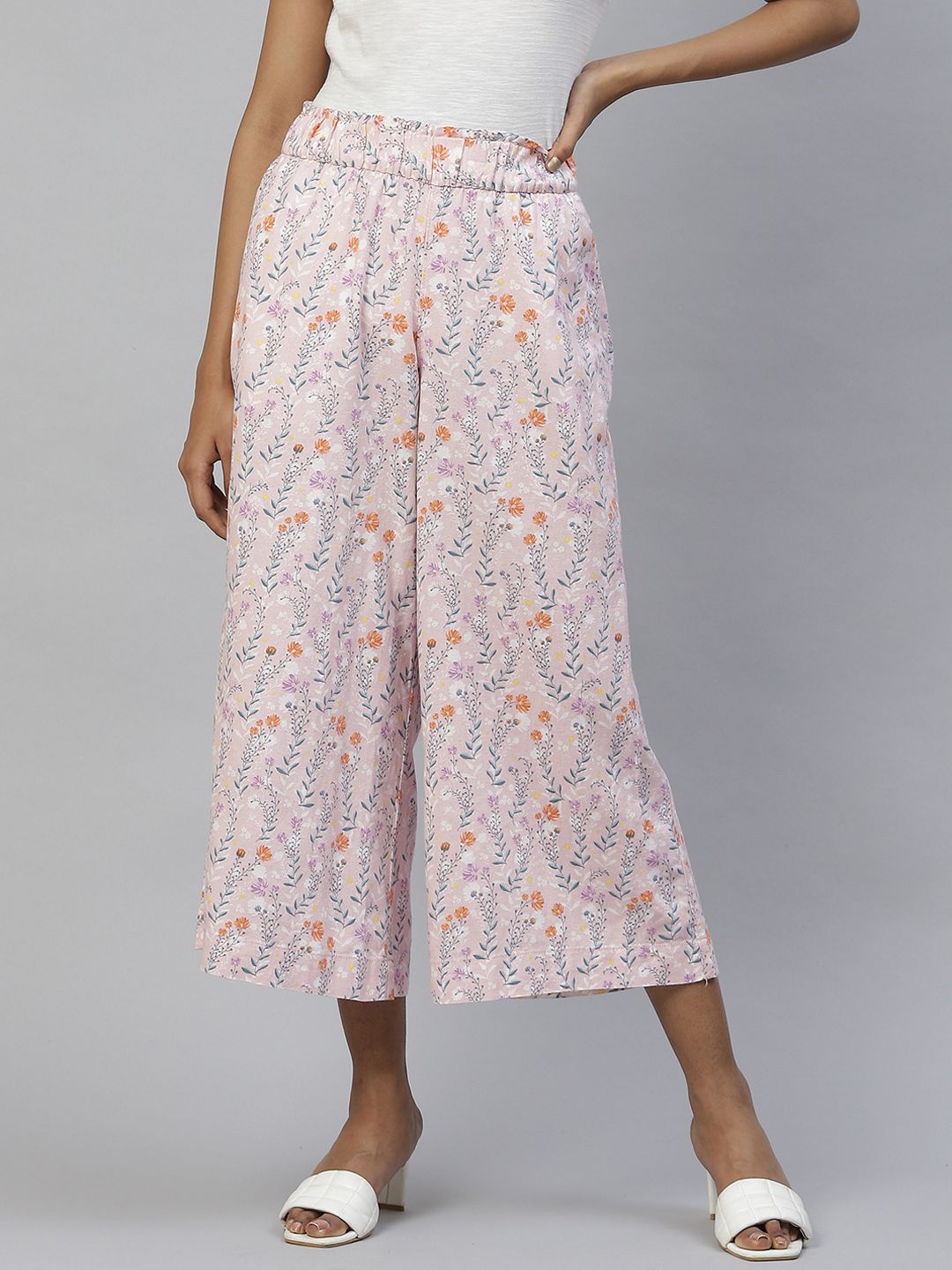 Marks & Spencer Women Pink & Green Floral Printed Culottes Trousers Price in India