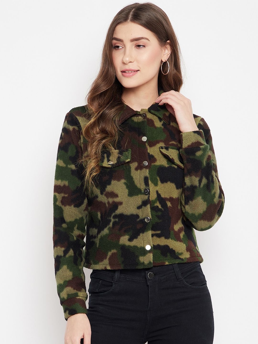 HARBORNBAY Women Olive Green & Brown Camouflage Printed Sweatshirt Price in India