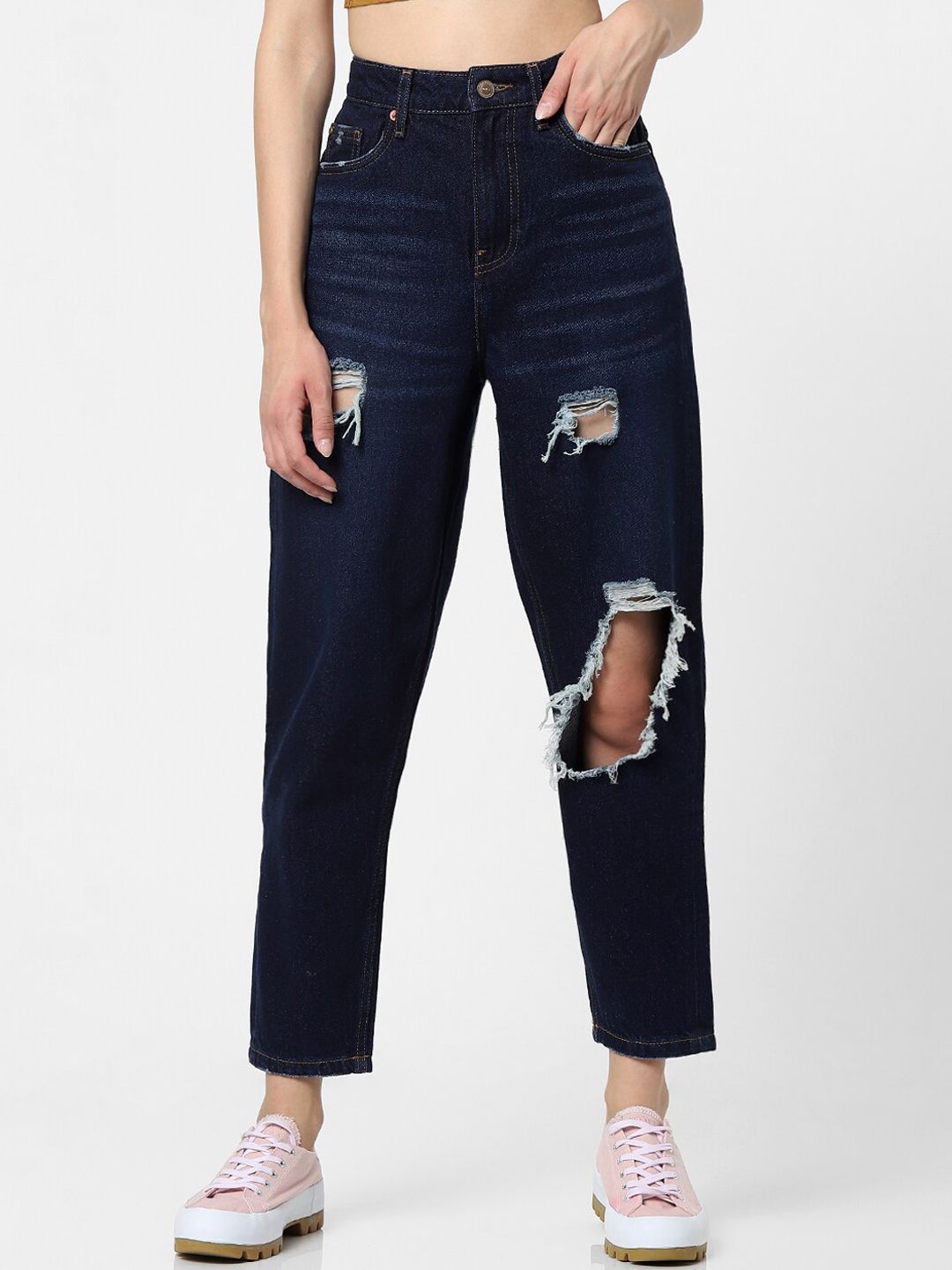 ONLY Women Blue High-Rise Highly Distressed Stretchable Jeans Price in India