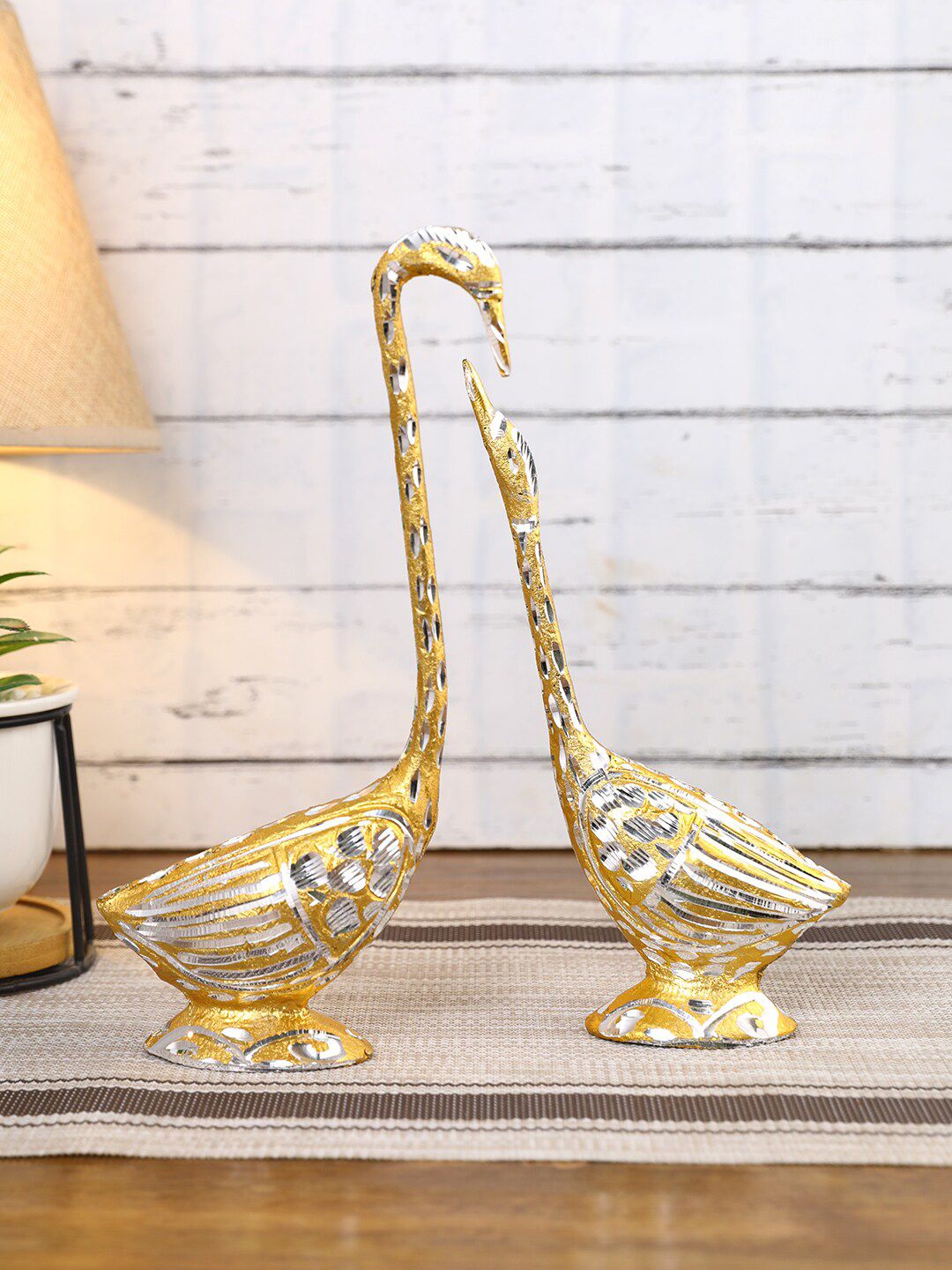 CraftVatika Gold & Silver-toned Kissing Duck & Swan Love Couple Bird Statues Set Price in India