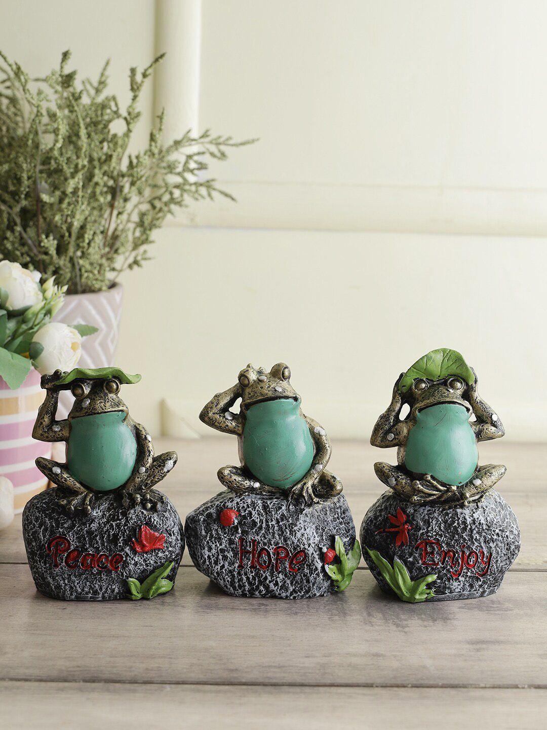 CraftVatika Set of 3 Green Frogs Statue Shelf Showpiece Price in India