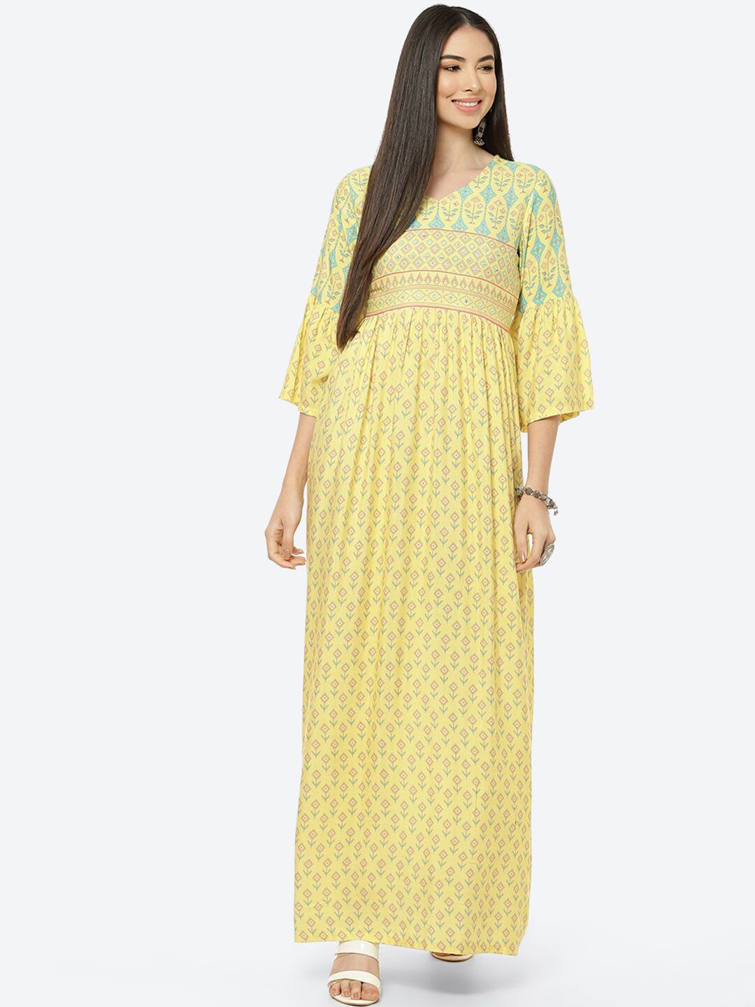 Rangriti Yellow & Coral Ethnic Motifs Ethnic Maxi Dress Price in India