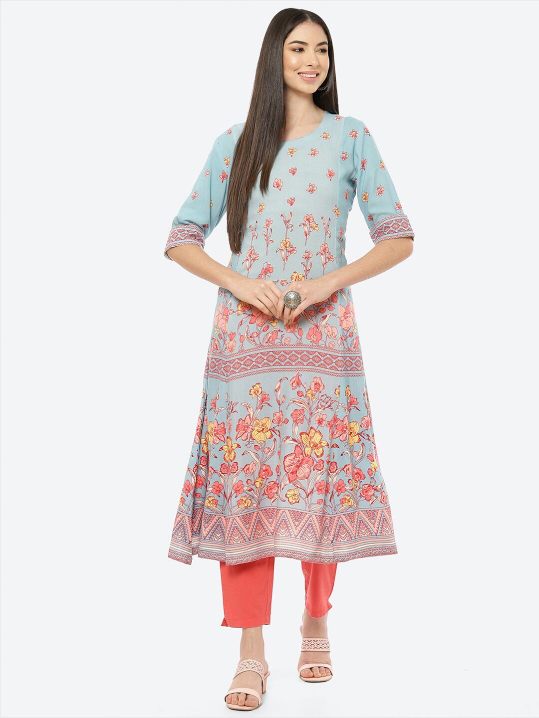 Rangriti Blue Ethnic Motifs Printed A-Line Midi Dress Price in India