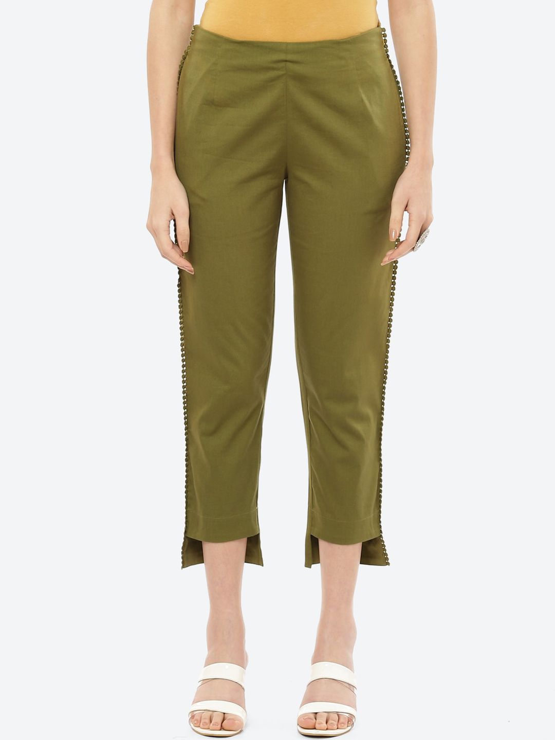 Rangriti Women Olive Green Solid Slim Fit Trousers Price in India