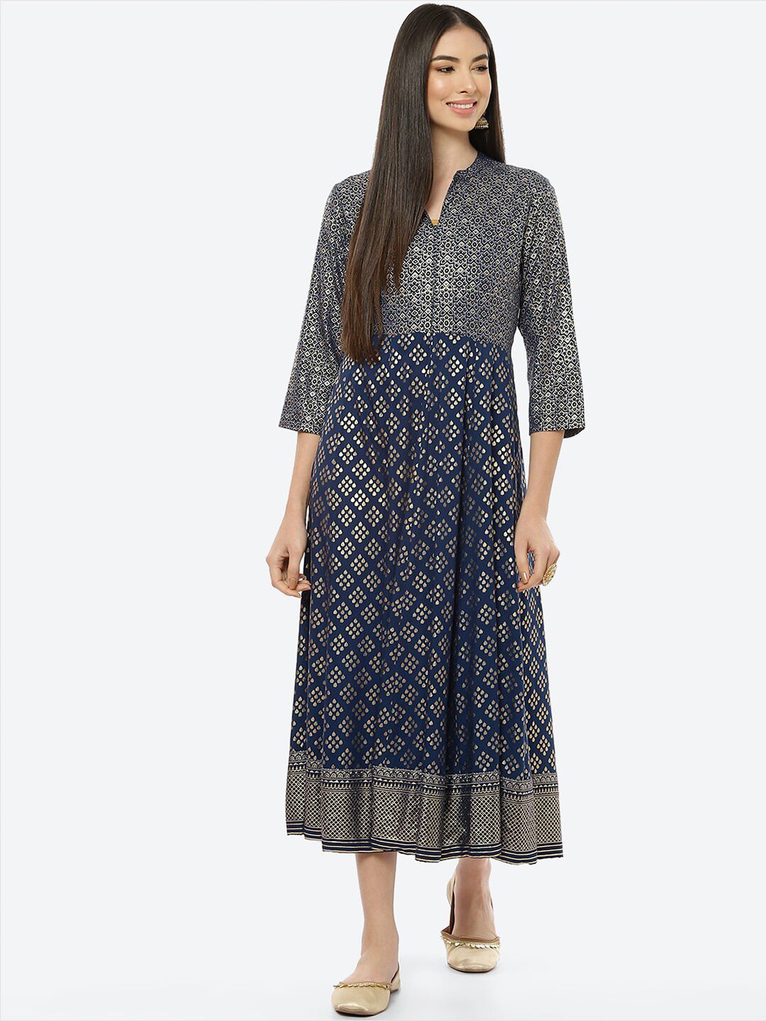 Rangriti Navy Blue Ethnic Motifs Ethnic A-Line Midi Dress Price in India