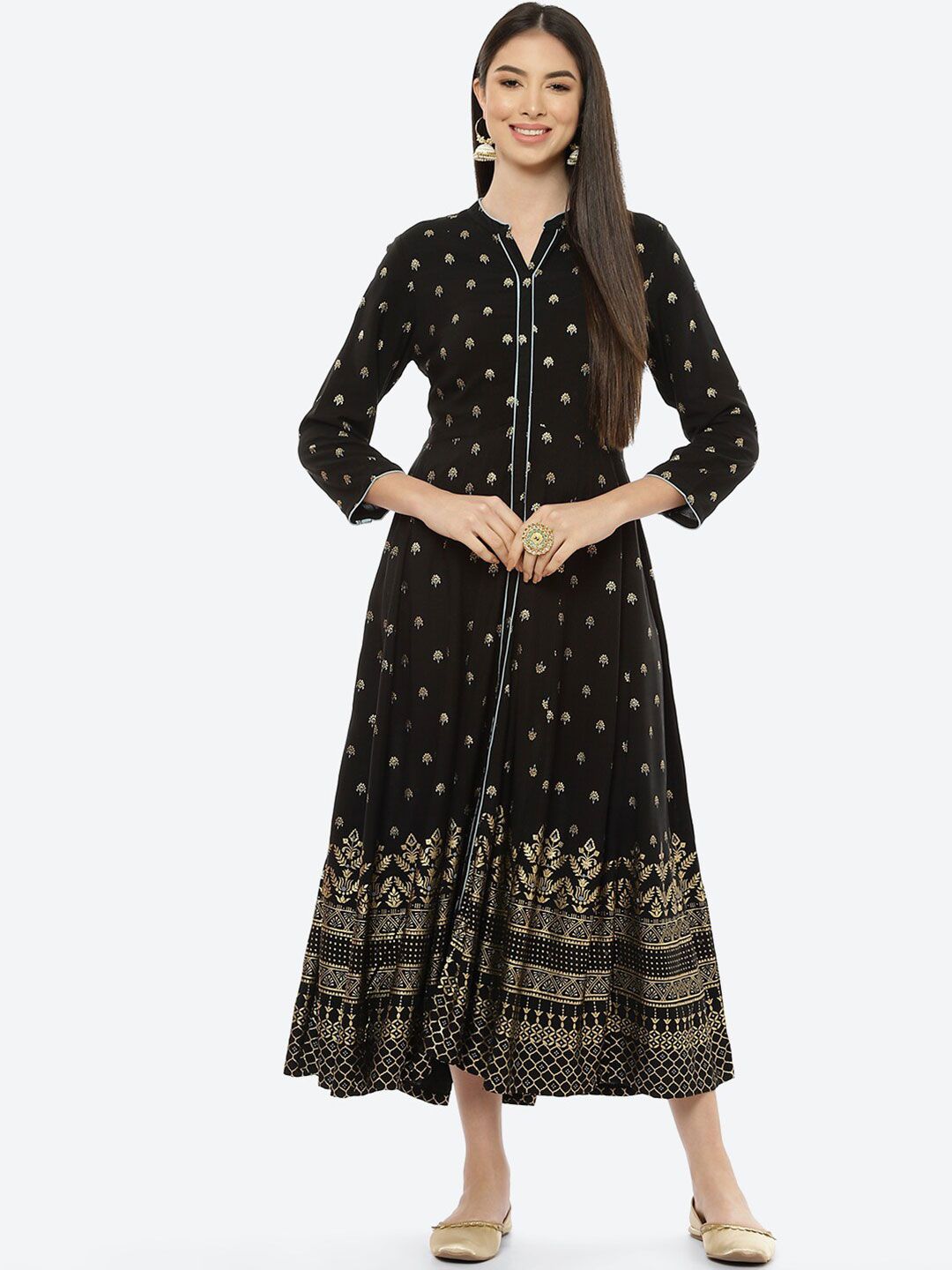 Rangriti Black Ethnic Motifs Ethnic A-Line Midi Dress Price in India