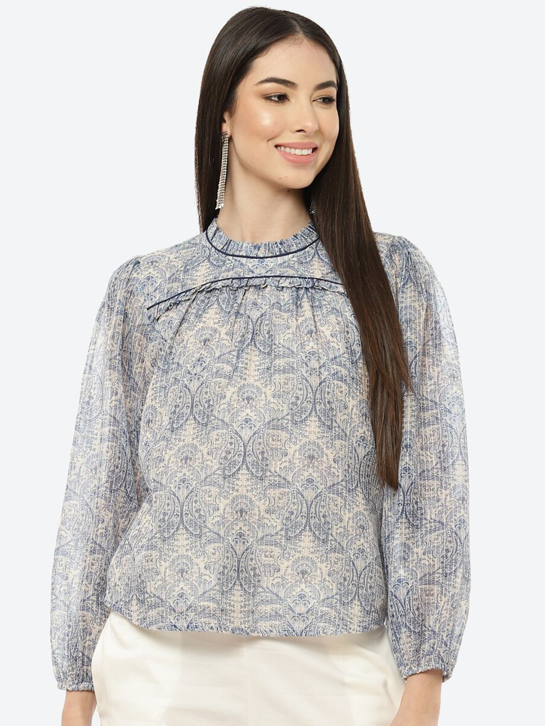 Rangriti Blue Floral Print Blouson Top
