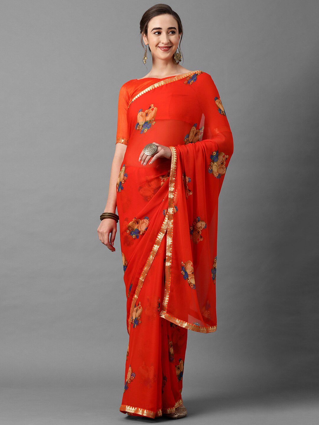 Mitera Orange & Blue Floral Printed Saree Price in India