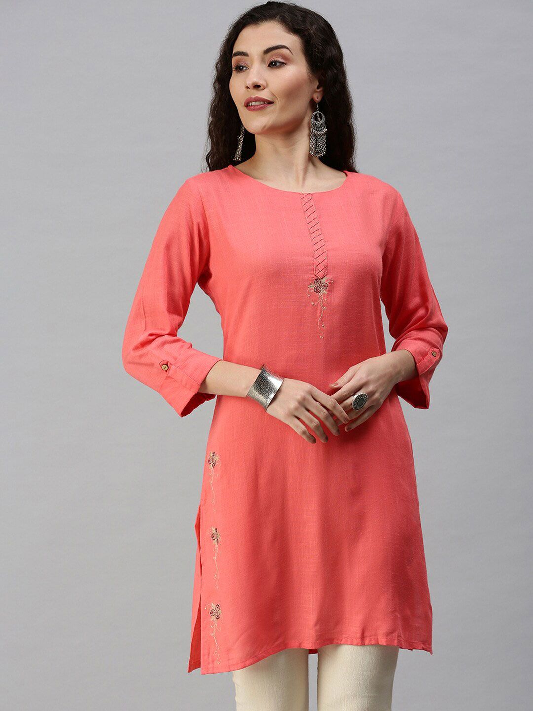 SHOWOFF Women Pink Solid Straight Kurti Price in India