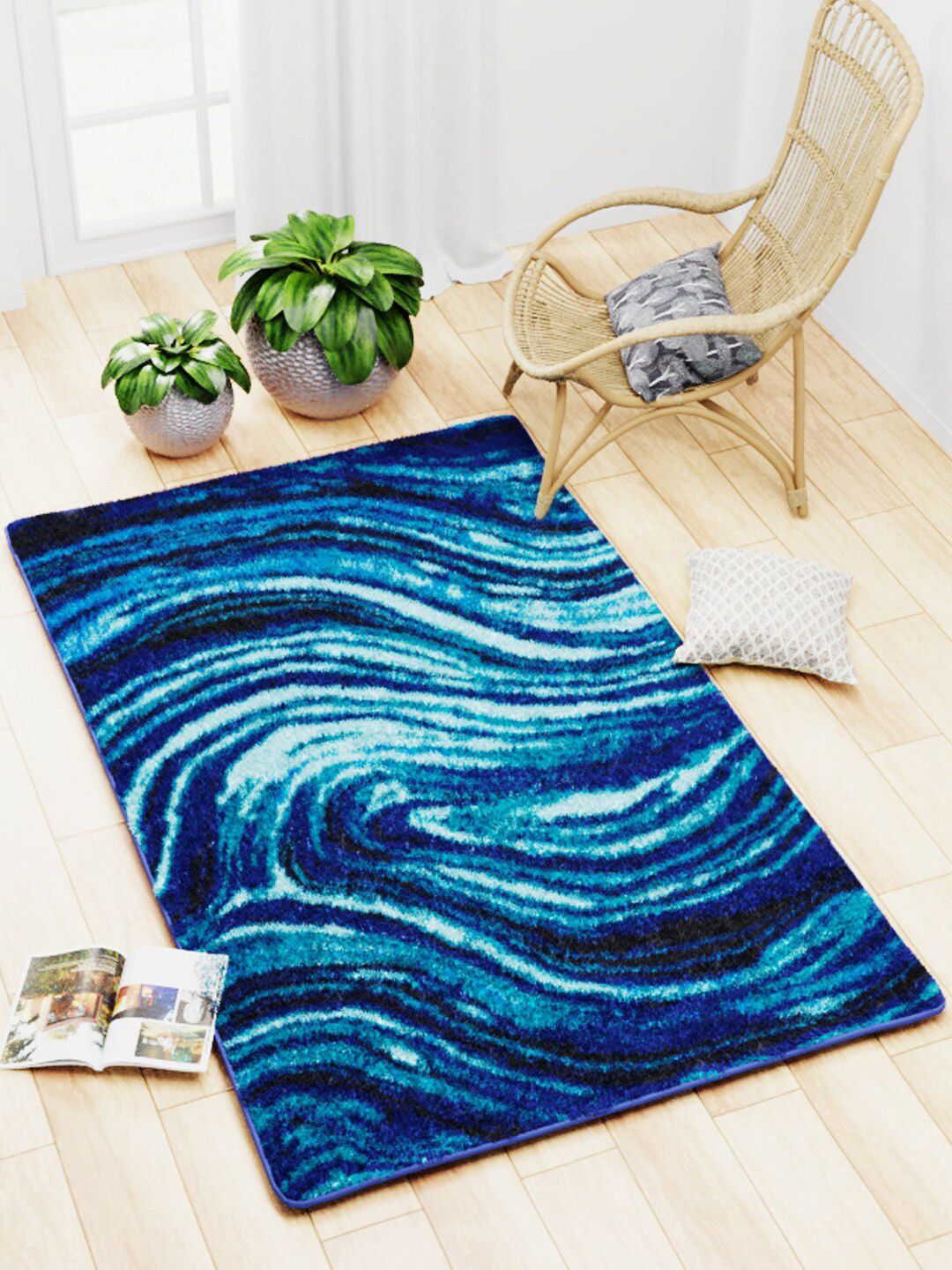 BIANCA Blue Printed Rectangular Carpet With With Non-Slip Rubber Backing Price in India