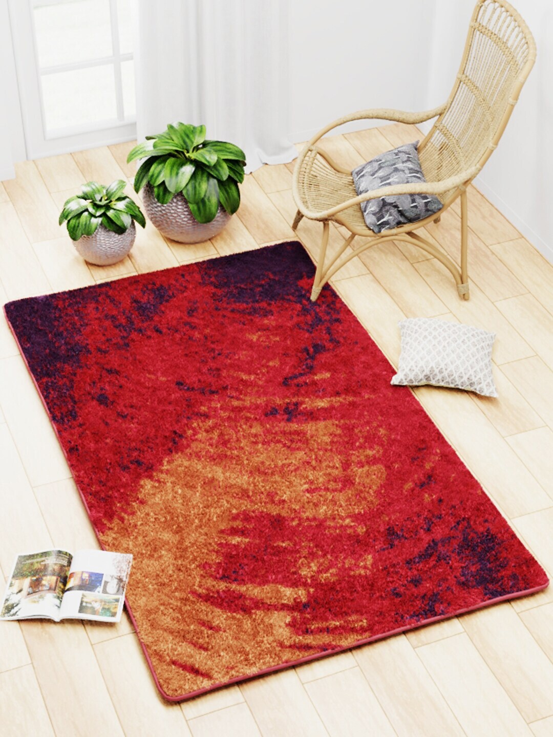 BIANCA Red Abstract Design Anti-Skid Soft Rectangular Shaggy Carpet Price in India