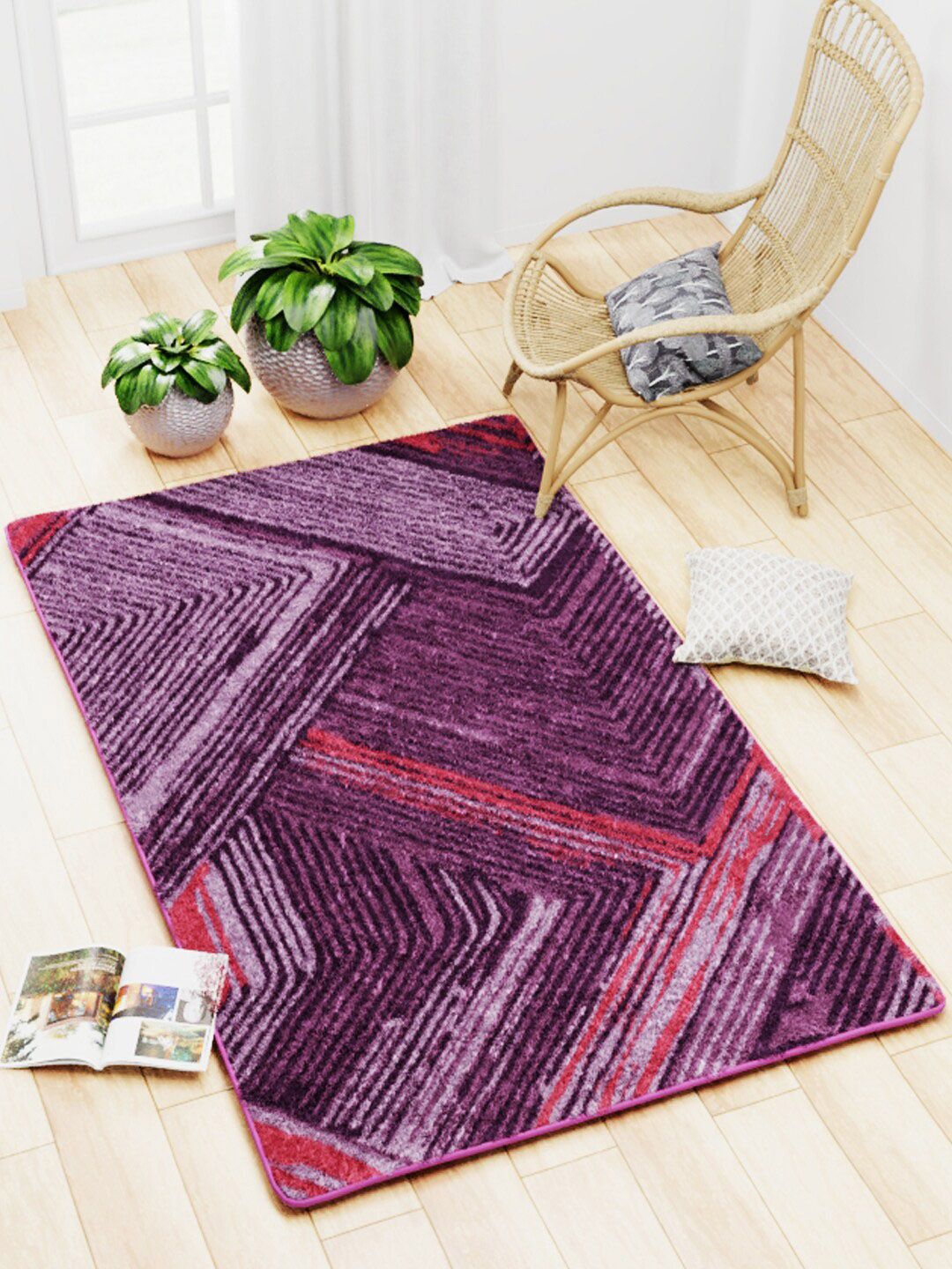 BIANCA Purple Geometric Printed Anti-Skid Rubber Backing Carpet Price in India