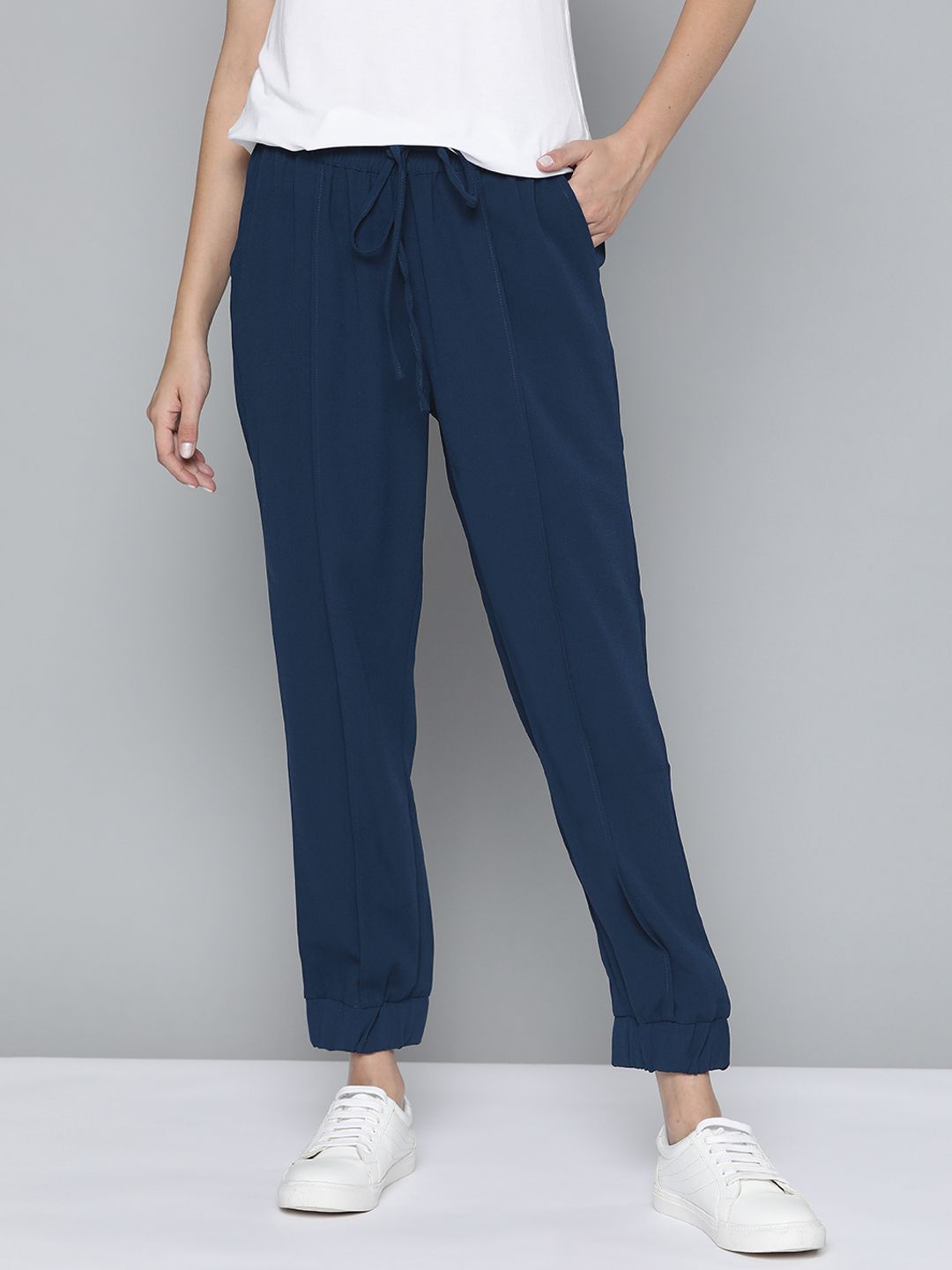 Mast & Harbour Women Navy Blue Solid Pleated Joggers Price in India