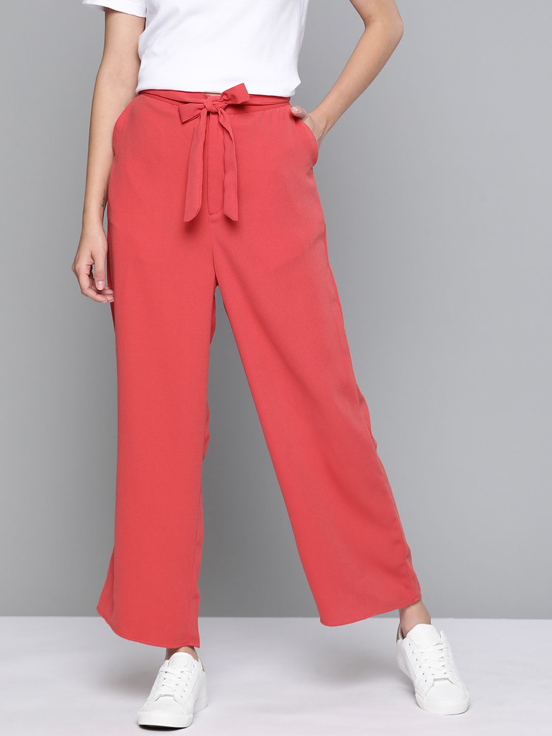 Mast & Harbour Women Coral Red Solid Trousers Price in India