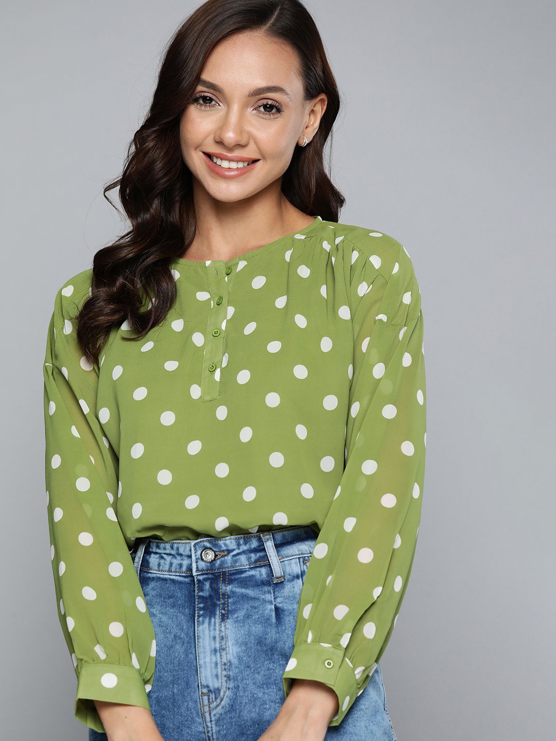 Mast & Harbour Women Green & Off White Polka Dot Print Shirt Style Top Price in India