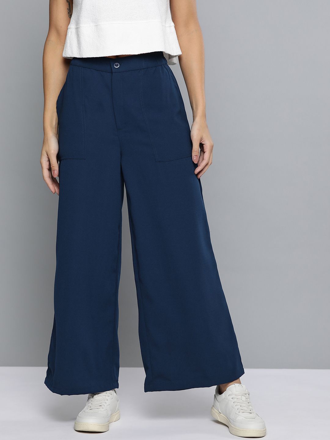 Mast & Harbour Women Navy Blue Solid Parallel Trousers Price in India