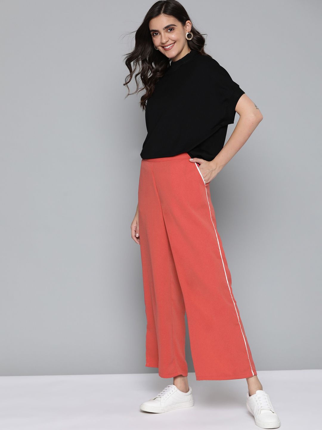 Mast & Harbour Women Coral Pink Solid Trousers Price in India