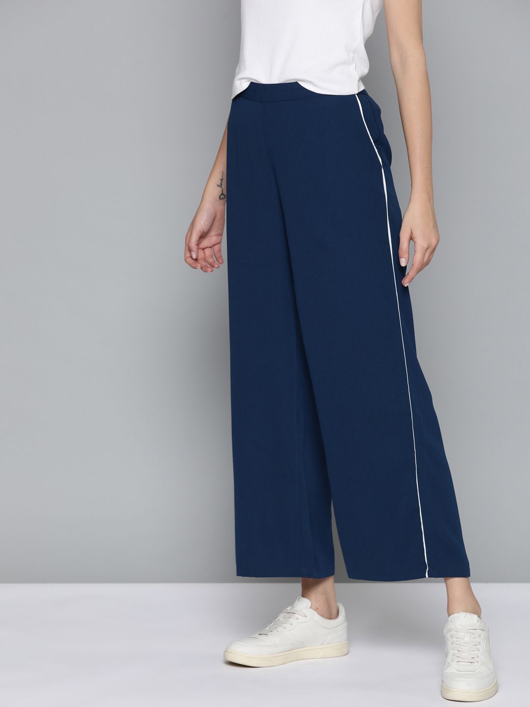Mast & Harbour Women Navy Blue Solid Trousers Price in India