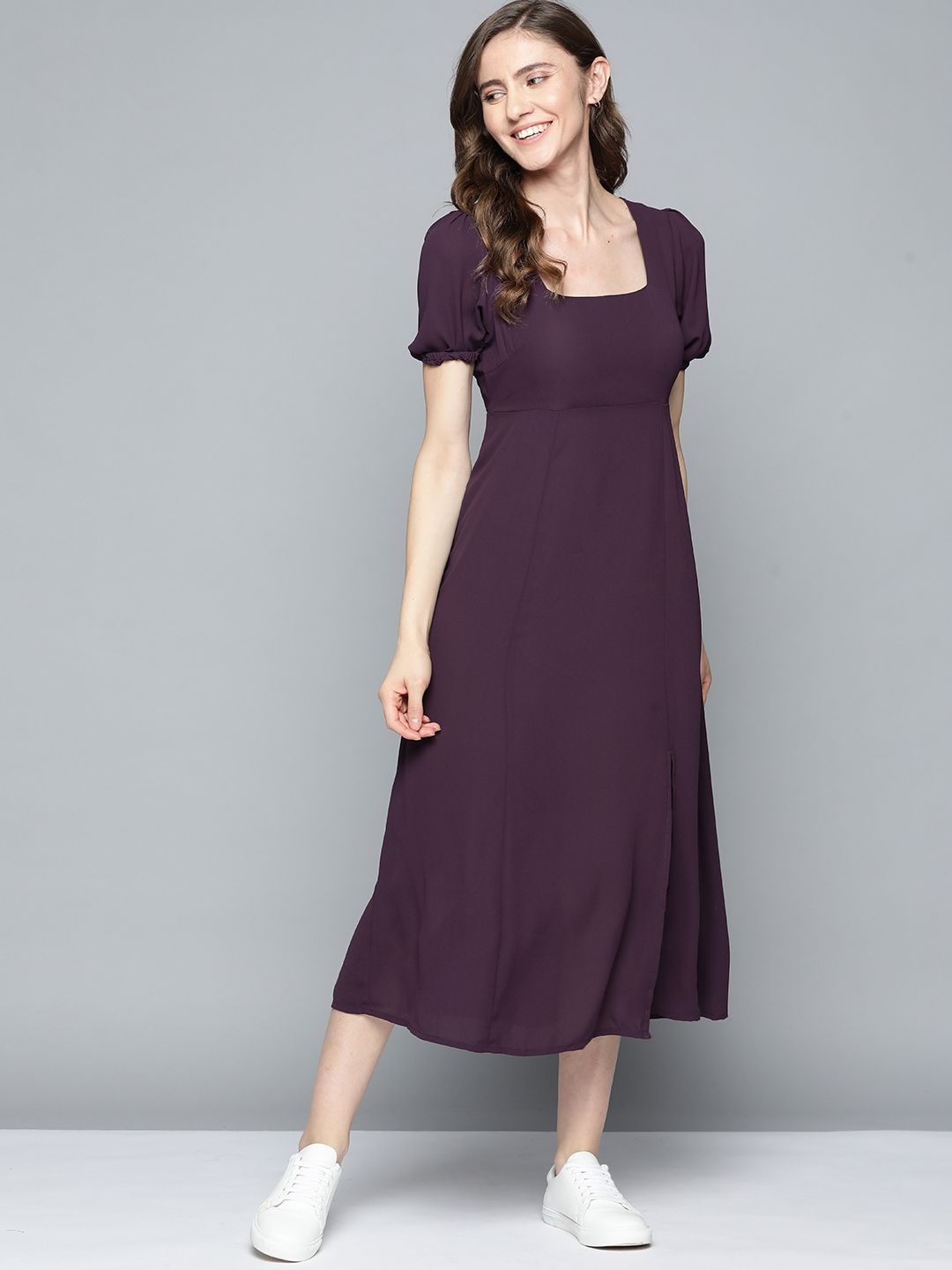 Mast & Harbour Purple Solid Puff Sleeves Front Slit Detail A-Line Midi Dress Price in India