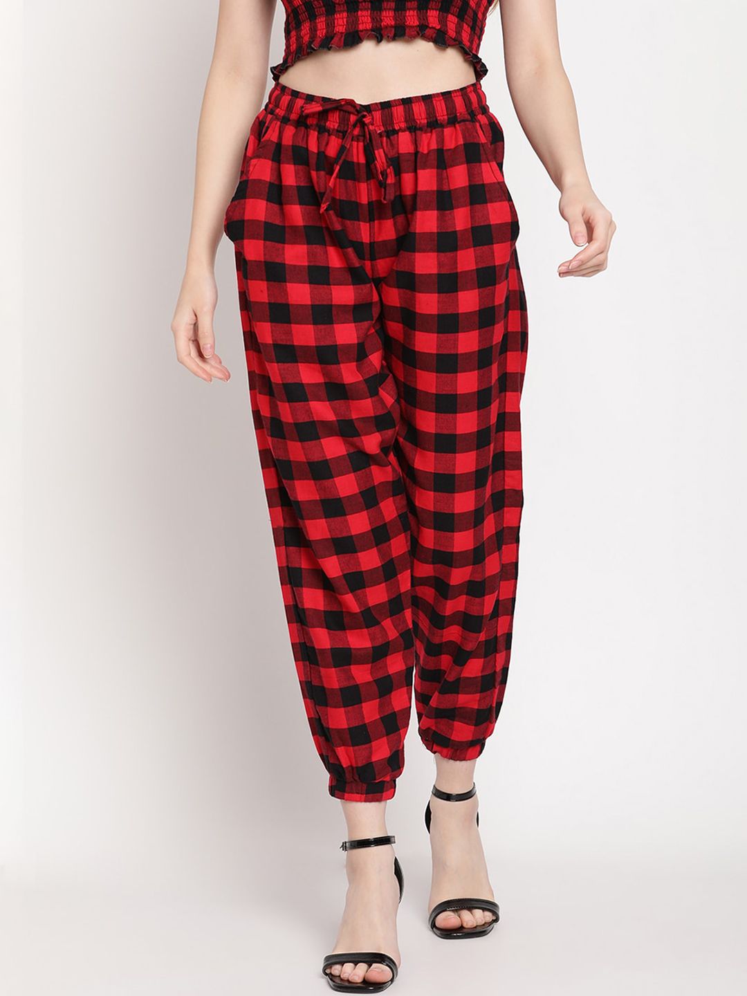 TAG 7 Women Red & black Checked Joggers Trousers Price in India
