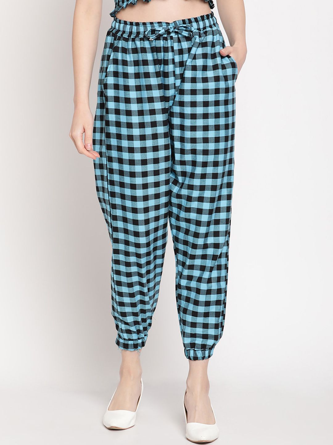 TAG 7 Blue & Black Checked Loose Fit Joggers Trousers Price in India