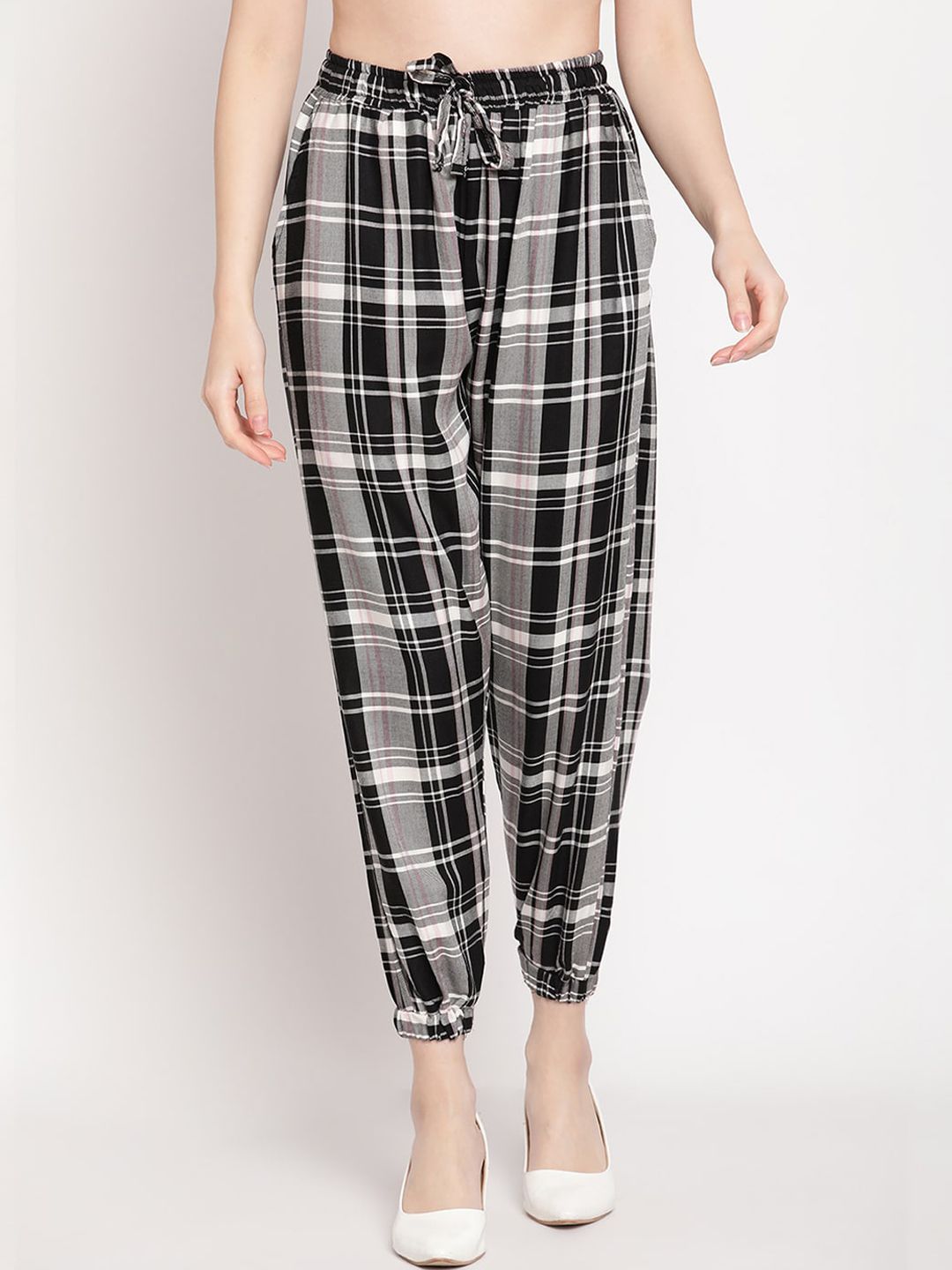 TAG 7 Women Black Checked Smart Regular-Fit Joggers Price in India