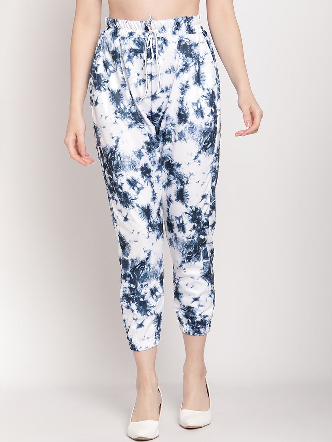 TAG 7 Women White & Navy Blue Tie-Dye Joggers Price in India