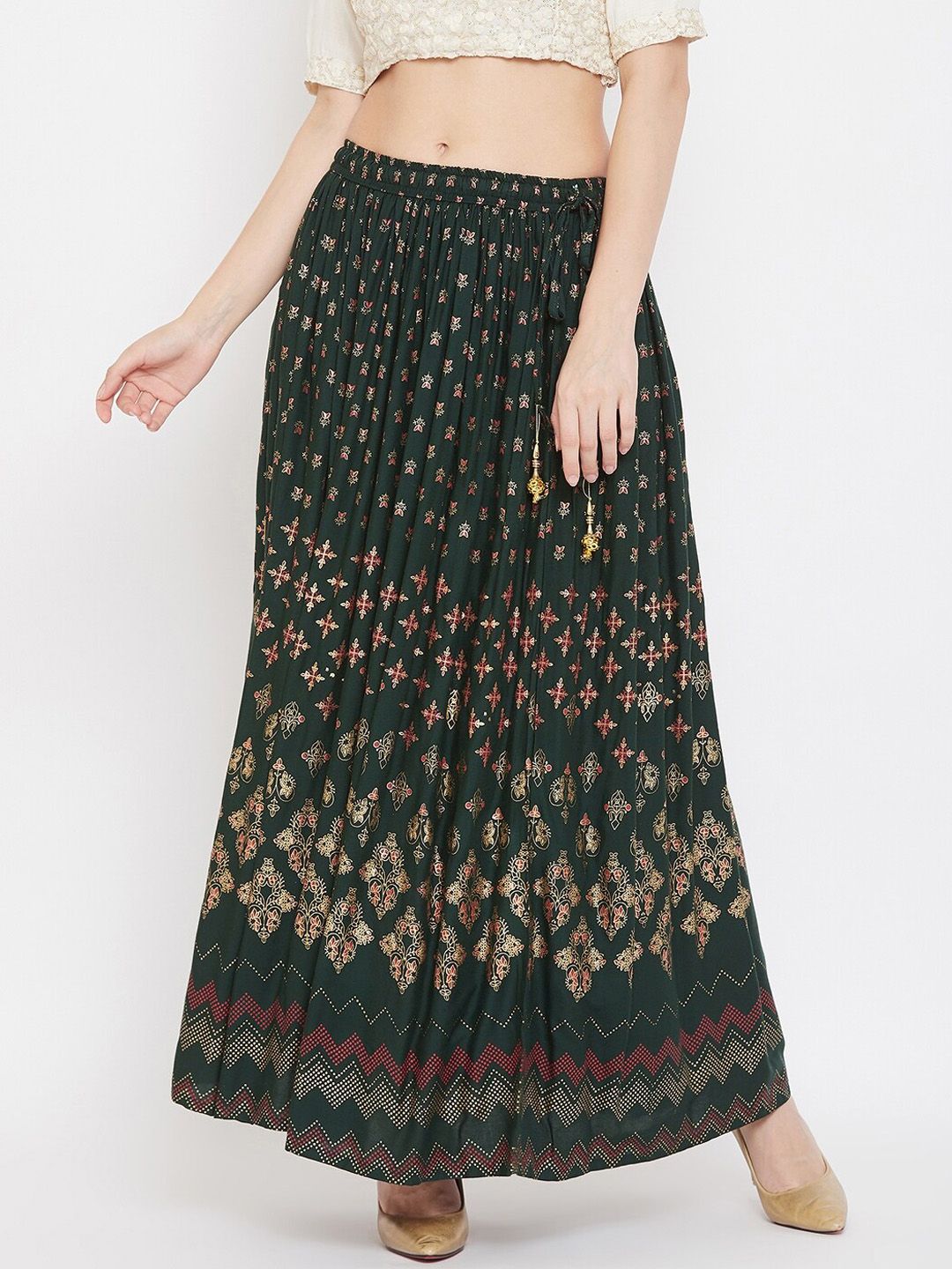 Clora Creation Women Green & Gold-Coloured Printed Flared Skirt