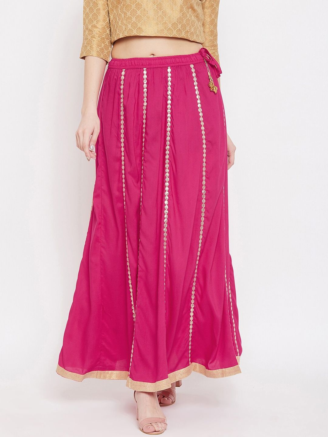 Clora Creation Women Magenta-Pink & Gold-Coloured Embellished Flared Maxi Skirt