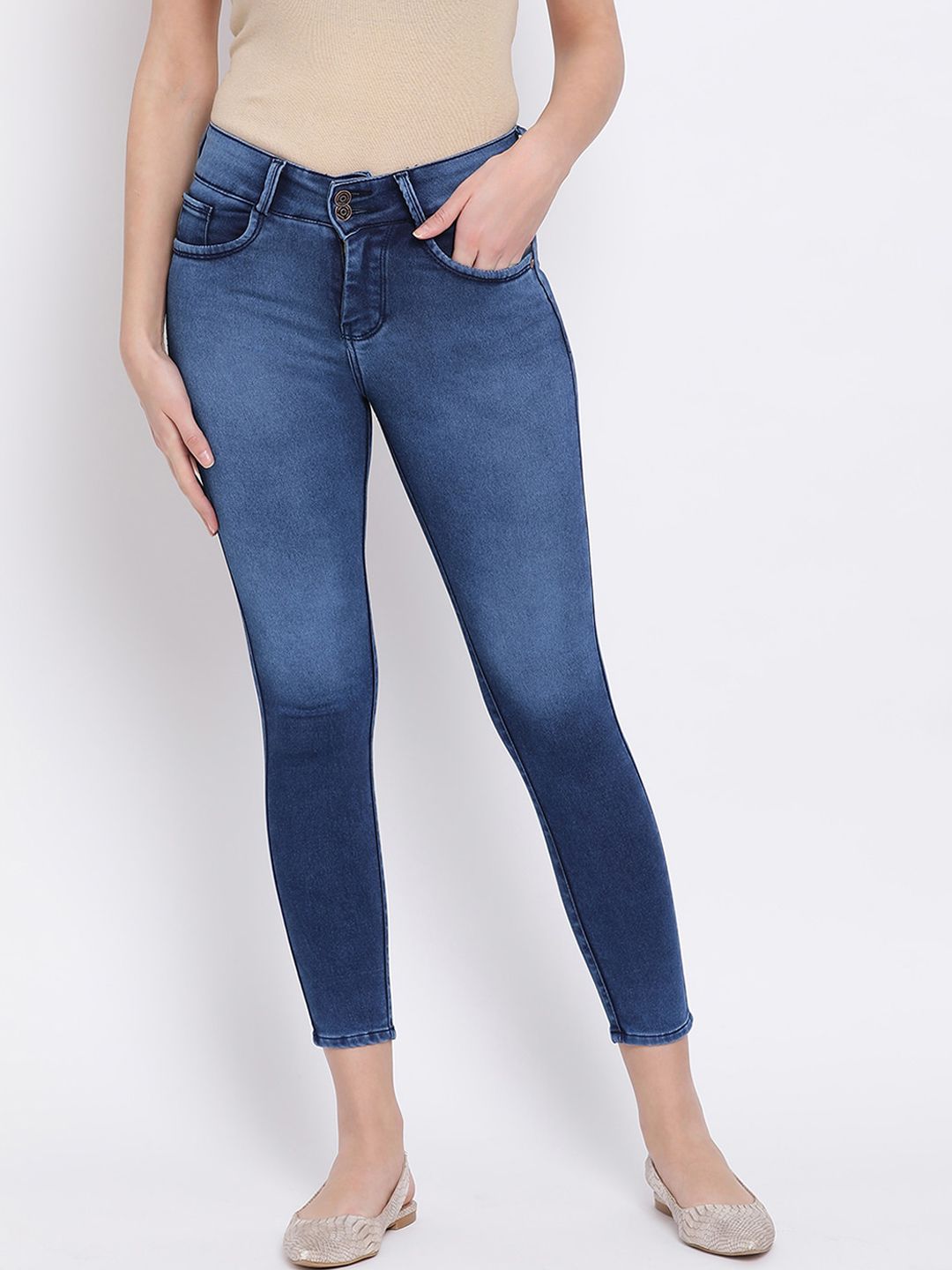 Code 61 Women Blue Skinny Fit Light Fade Stretchable Winter Crop Denim Jeans Price in India