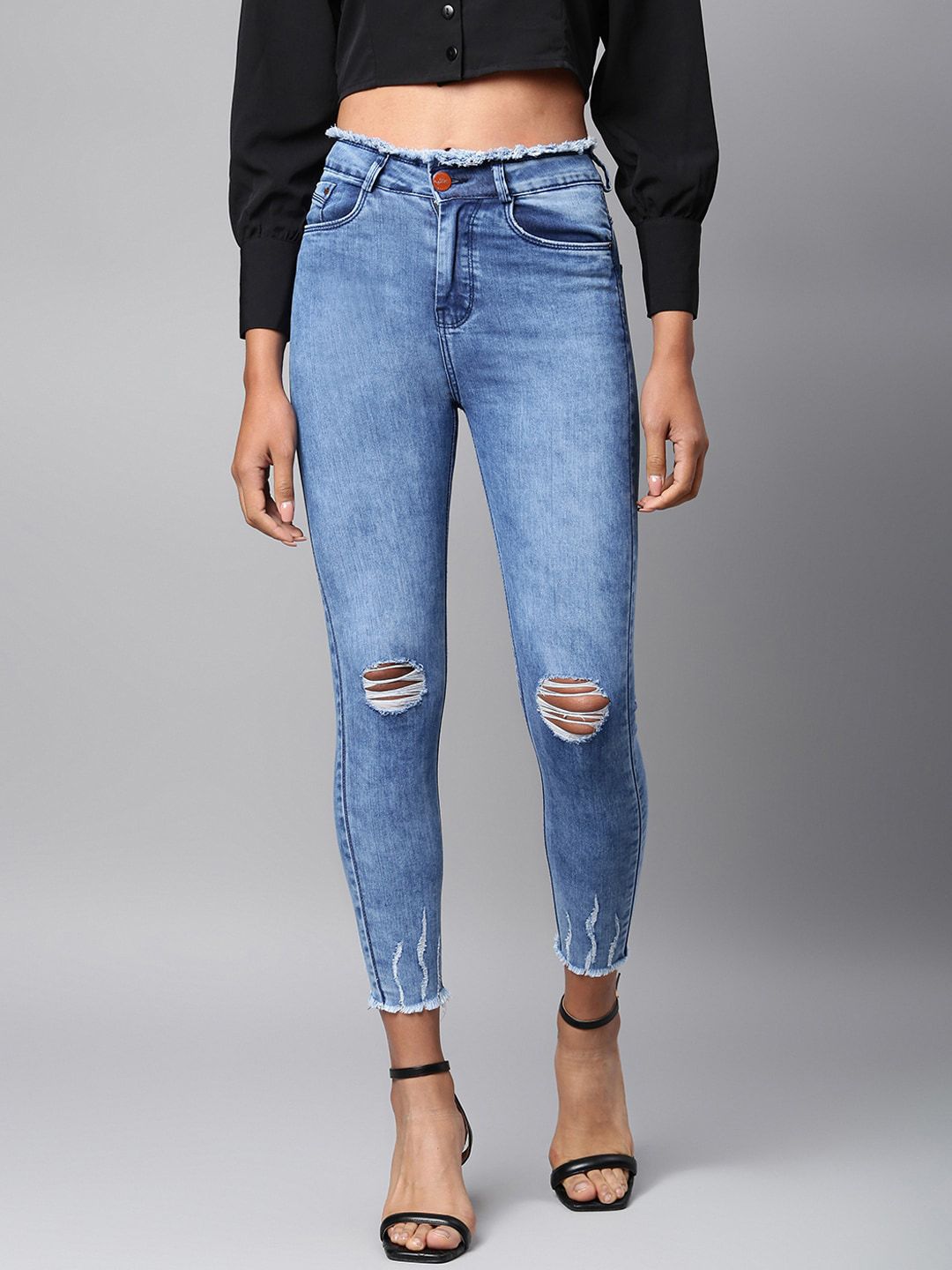 Code 61 Women Blue Skinny Fit High-Rise Slash Knee Light Fade Bleached Stretchable Jeans Price in India