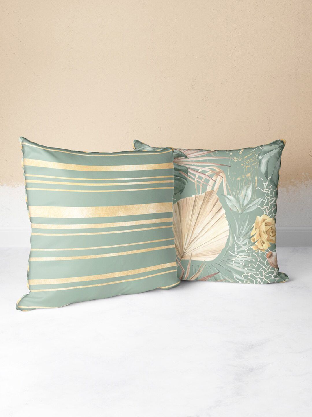 BIANCA Green & Beige Set of 2 Floral Square Cushion Covers